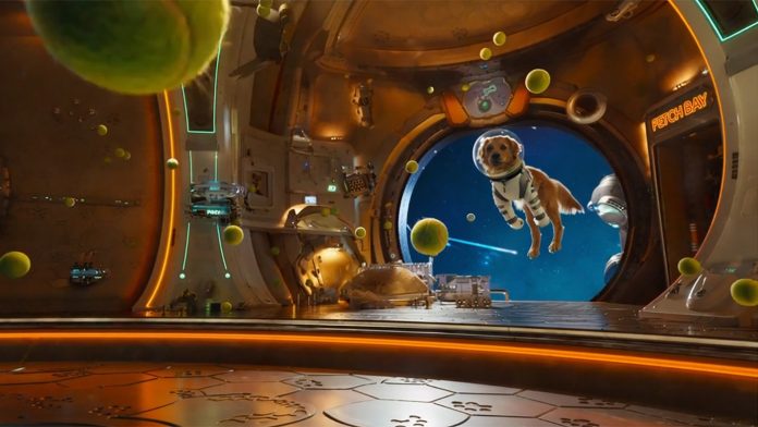 Cute dog floating in zero gravity inside a futuristic space station with glowing lights and planets around