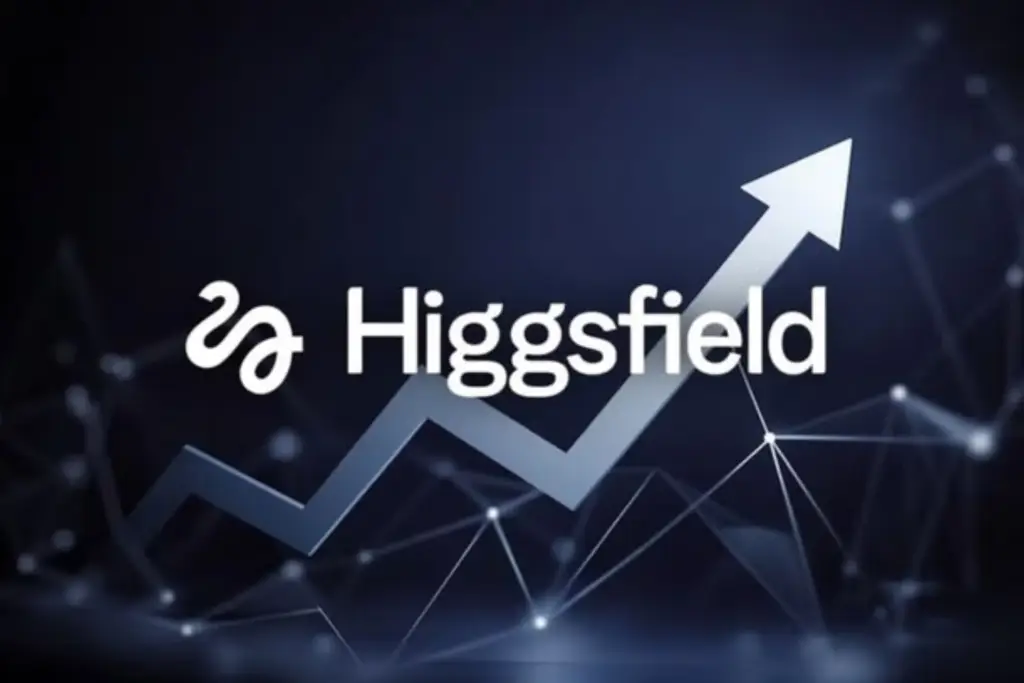 Higgsfield company logo with upward growth arrow and digital network background