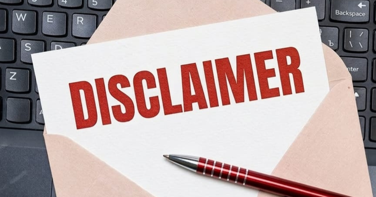 A top-down photograph of a white card featuring the word "DISCLAIMER" in bold red capital letters, tucked into a light brown envelope. The envelope rests on a black DELL laptop keyboard, with a red and silver ballpoint pen lying diagonally across the foreground.