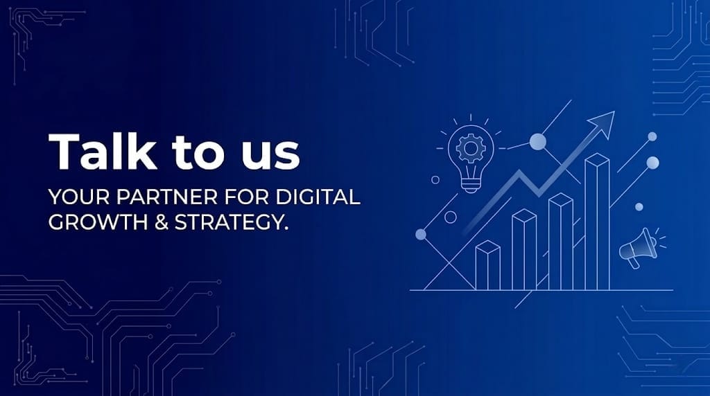 Talk to us digital marketing banner with growth chart and strategy illustration