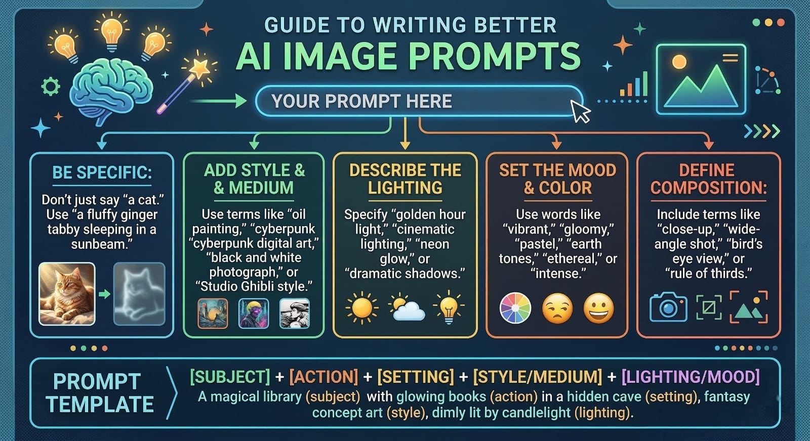 An infographic titled "GUIDE TO WRITING BETTER AI IMAGE PROMPTS" with five sections of tips.