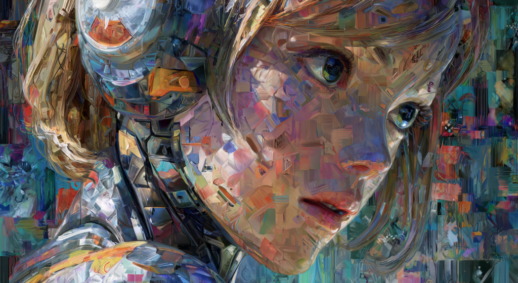Futuristic AI-generated humanoid robot portrait with abstract digital art textures and vibrant colors